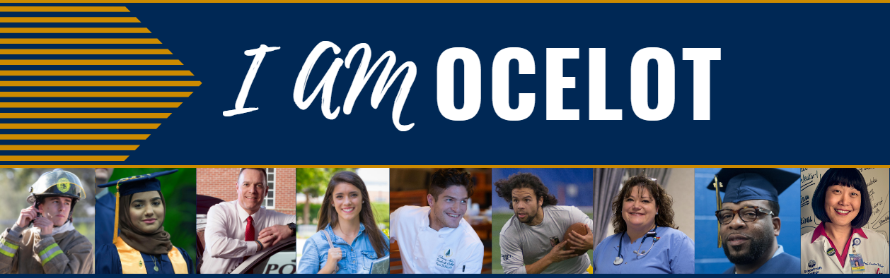 A collage of alum and professionals with banner text that reads &quot;I Am Ocelot&quot;